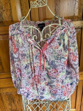 Self Esteem Floral Tie-Neck Tunic in Coral, Lilac & Cream